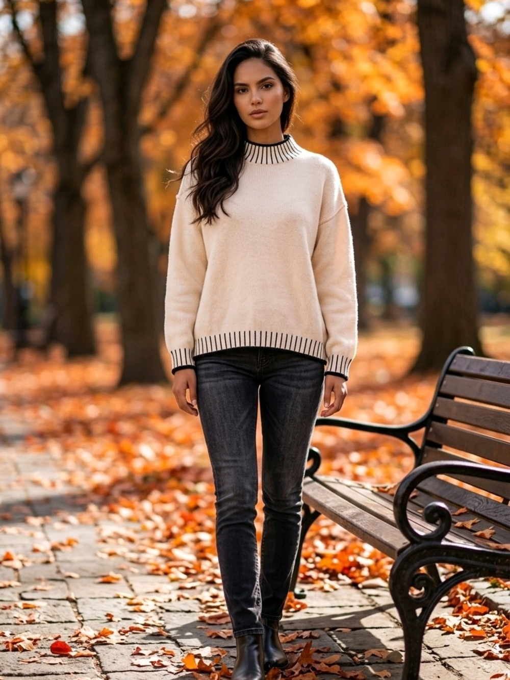 Cream Crewneck Sweater with Black Trim - Women's Sweater - Picture 7 of 15